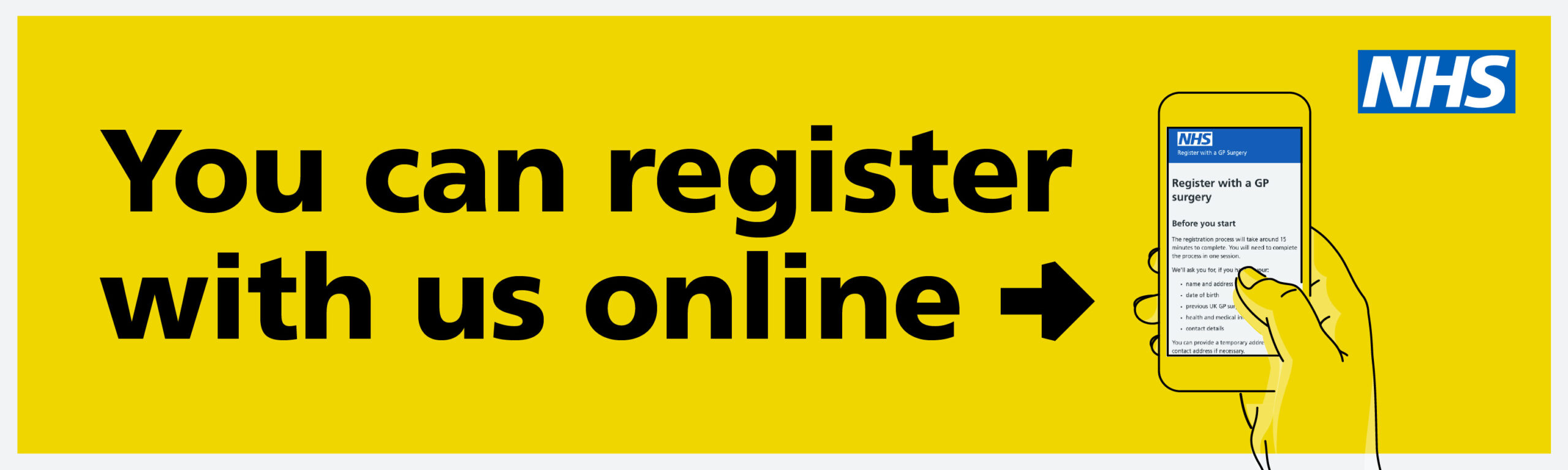 yellow banner containing the text "you can register with us online" the graphic shows a hand holding a phone.